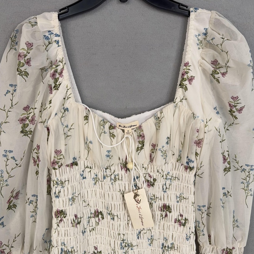 For Love & Lemons Dress Womens Medium White Floral Smocked Mini Puff Sleeve NWT - Picture 3 of 14